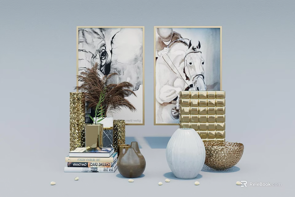 Modern Decorative Ornament Set With Wall Art Gold Vases Dried Plants And Books 3d model 