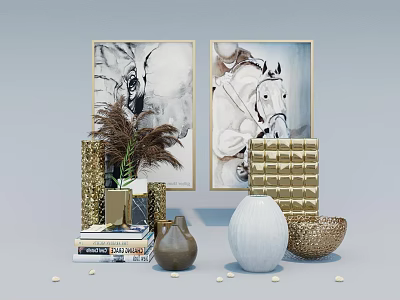 Modern Decorative Ornament Set With Wall Art Gold Vases Dried Plants And Books 3d model