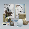 Modern Decorative Ornament Set With Wall Art Gold Vases Dried Plants And Books
