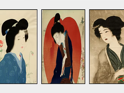 Traditional Japanese Figure Paintings of Female Subjects in Kimono with Elegant Poses 3d model