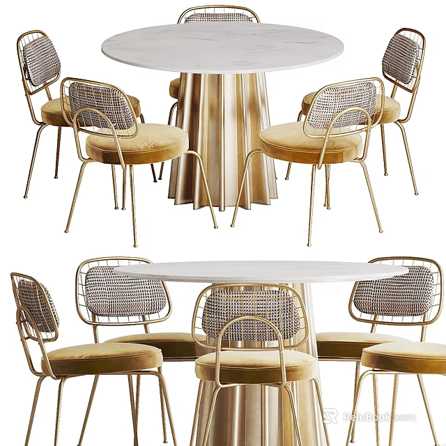 Modern Dining Table Set With Round White Top Metal Frame And Velvet Seat Chairs 3d model 