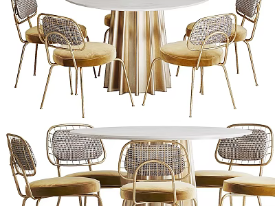 Modern Dining Table Set With Round White Top Metal Frame And Velvet Seat Chairs 3d model