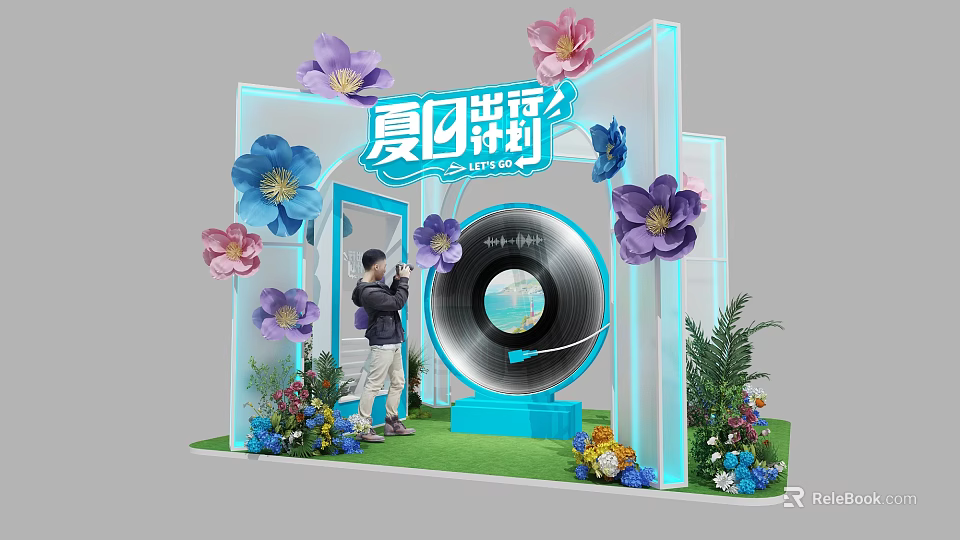 Summer Limited Photo Check In Spot With Decorative Flowers And Vinyl Record Installation 3d model 