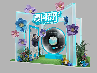 Summer Limited Photo Check In Spot With Decorative Flowers And Vinyl Record Installation 3d model