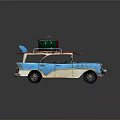 Vintage Blue Station Wagon with Surfboard and Green Suitcase on Roof
