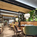 Modern Restaurant Interior With Wooden Ceiling Chandeliers Yellow Chairs Dining Tables And Green Plants