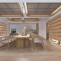 Traditional Store Interior With Wooden Ceiling Shelves Table Chairs And Outdoor Green Red Leaf Trees