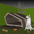 Garden Landscape With Green Lawn Tree White Dog Wooden Dog House And Stone Pathway