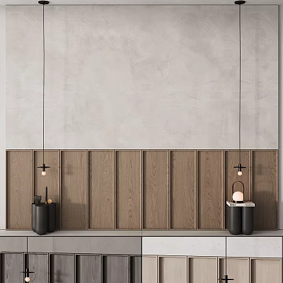 Modern Interior Design Background Wall with Wooden Panels Pendant Lights and Black Side Tables 3d model