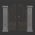 Open Classic Metal Entrance Gate With Spiked Top And Stone Pillars