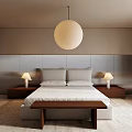 Modern Bedroom Interior Design With Upholstered Headboard Double Bed Table Lamps Spherical Pendant Light Curtains