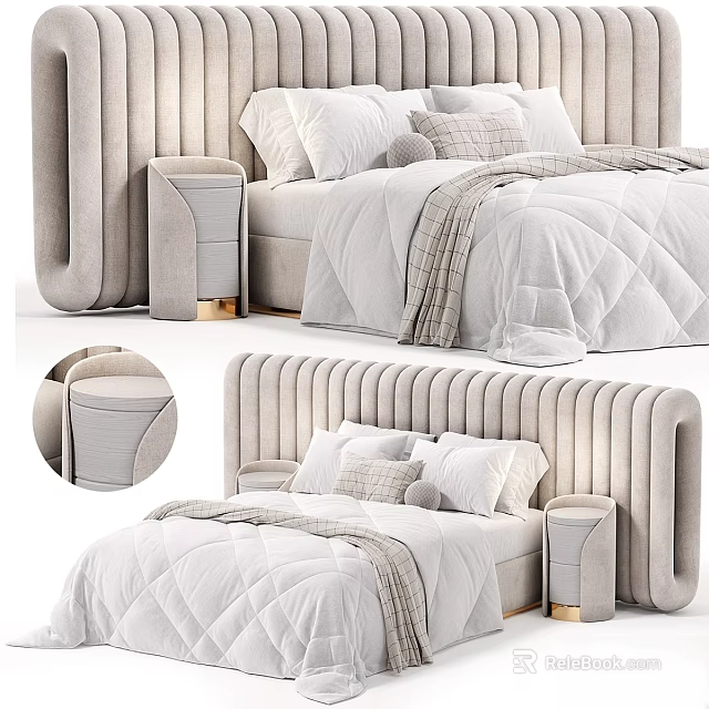 Modern Double Bed With Beige Striped Headboard Gold Nightstand White Quilt Pillows And Gray Blanket 3d model 