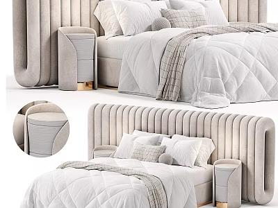 Modern Double Bed With Beige Striped Headboard Gold Nightstand White Quilt Pillows And Gray Blanket 3d model