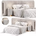 Modern Double Bed With Beige Striped Headboard Gold Nightstand White Quilt Pillows And Gray Blanket