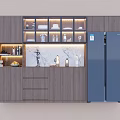 Modern Wine Cabinet With Glass Shelves Wooden Cabinets And Marble Countertop Near Refrigerator