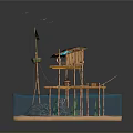 Water Platform Scene Featuring Hut With Straw Roof Black Flag Wooden Chairs And Flying Birds