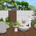 Garden Landscape With White Sofas Wooden Deck Stone Walls And Green Plants