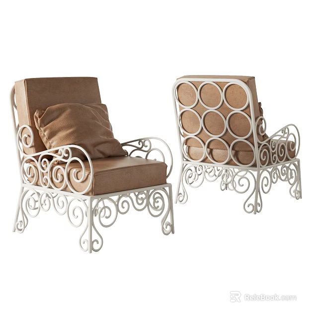 Single Seater Sofas With White Iron Frame Brown Upholstered Seat And Ornate Curved Scroll Design 3d model 
