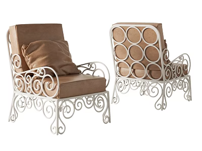 Single Seater Sofas With White Iron Frame Brown Upholstered Seat And Ornate Curved Scroll Design 3d model