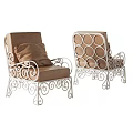 Single Seater Sofas With White Iron Frame Brown Upholstered Seat And Ornate Curved Scroll Design