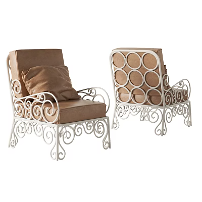 Single Seater Sofas With White Iron Frame Brown Upholstered Seat And Ornate Curved Scroll Design 3d model