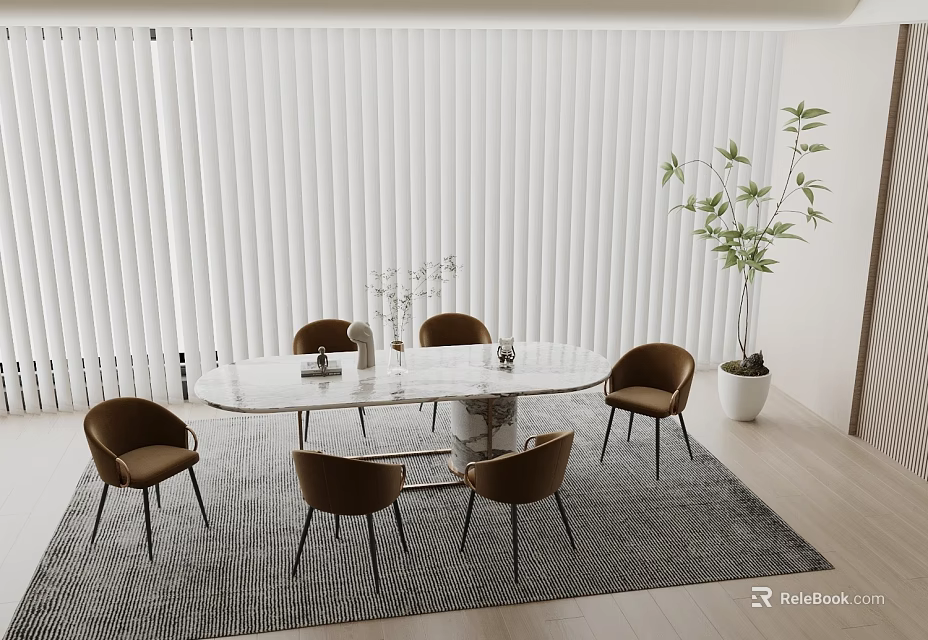Dining Room Interior With Round Marble Table Brown Chairs White Blinds Green Plant On Rug 3d model 