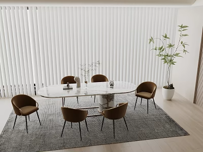 Dining Room Interior With Round Marble Table Brown Chairs White Blinds Green Plant On Rug 3d model
