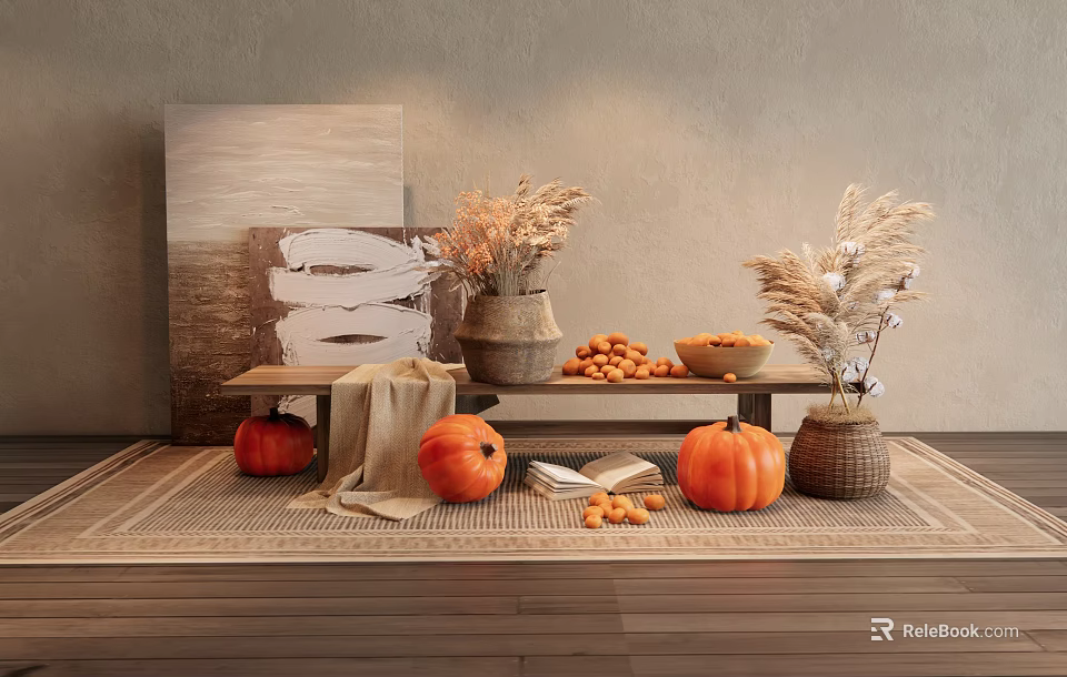 Autumn Themed Interior Decor With Pumpkins Dried Grasses Fruit Bowls And Wall Art 3d model 