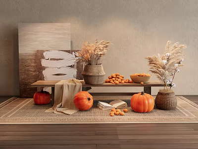 Autumn Themed Interior Decor With Pumpkins Dried Grasses Fruit Bowls And Wall Art 3d model