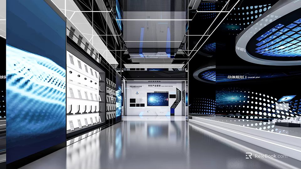 Modern Technology Exhibition Hall With Digital Screens LED Lighting And Sleek Design 3d model 