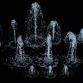 3D Rendered Fountains Spraying Water on Black Grid Background with Splashing Effects