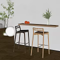 Modern Bar Counter With Wooden Top And Black Brown Bar Stools Decorated With Green Plants