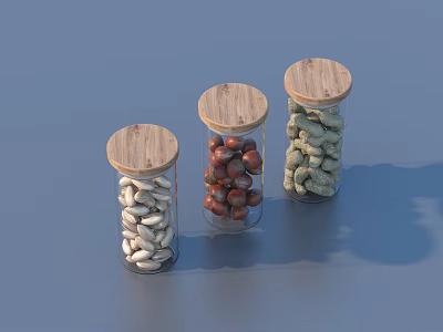 Three Glass Jars With Wooden Lids Containing Different Types Of Nuts On Counter 3d model
