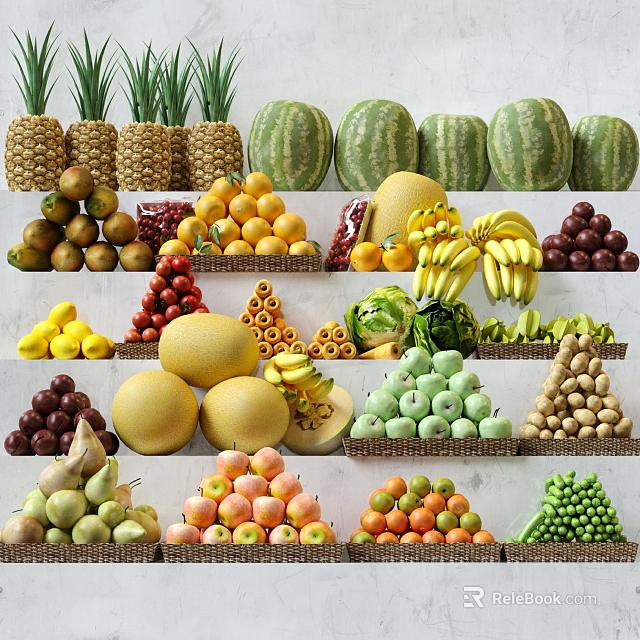 Assorted Fresh Fruits Stacked Display with Pineapples Watermelons Oranges Bananas and Apples 3d model 