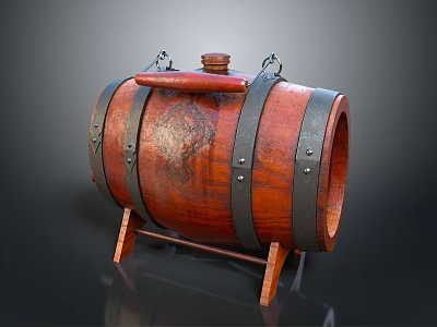 Wooden Barrel with Metal Hoops Handle and Lid on Wooden Stand for Daily Use 3d model