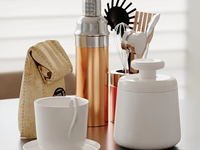 Stylish Home Kitchen Countertop With Burlap Bag Copper Container Whisk And White Cup 3d model
