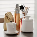Stylish Home Kitchen Countertop With Burlap Bag Copper Container Whisk And White Cup