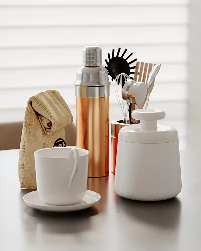 Stylish Home Kitchen Countertop With Burlap Bag Copper Container Whisk And White Cup 3d model