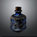 Blue Ceramic Decorative Bottle With Red Cork Stopper And Geometric Patterns