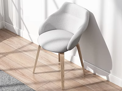 Light Gray Upholstered Accent Chair With Wooden Legs Against Light Wall And Wooden Floor 3d model