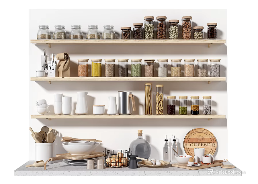 Organized Kitchen Shelves With Various Storage Jars Spice Containers And Cooking Utensils 3d model 