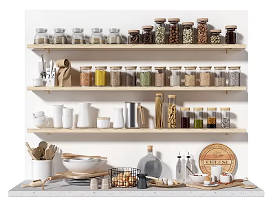 Organized Kitchen Shelves With Various Storage Jars Spice Containers And Cooking Utensils 3d model
