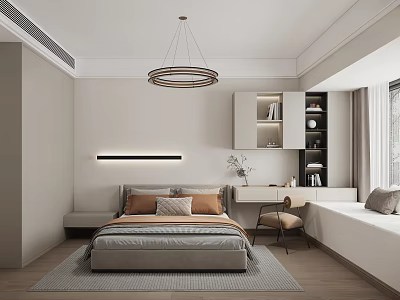 Modern Bedroom Interior Design With Cozy Bed Chandelier Bookshelf Bench Window And Soft Rug 3d model