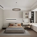 Modern Bedroom Interior Design With Cozy Bed Chandelier Bookshelf Bench Window And Soft Rug