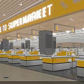 Supermarket Interior Featuring Welcome Sign Multiple Yellow Checkout Counters And Numbered Signs