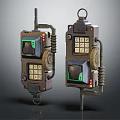 Vintage Industrial Control Devices With Green Screens Buttons Gears And Hooks