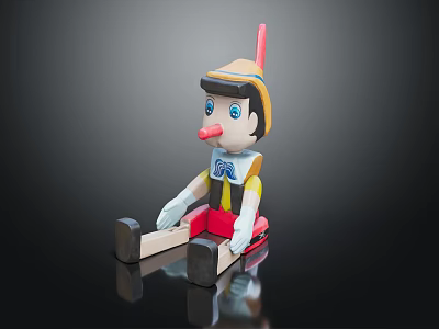 Wooden Pinocchio Doll With Long Nose Hat And Red Pants On Reflective Surface 3d model
