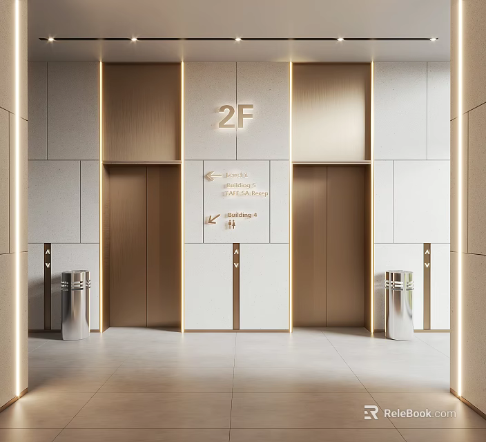 Modern Elevator Lobby Interior With 2F Sign Directional Signs And Bins 3d model
