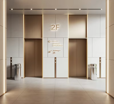 Modern Elevator Lobby Interior With 2F Sign Directional Signs And Bins 3d model