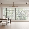 Duplex Living Room with Brown Bookshelves Books Decorations Table Chairs Ceiling Fan and Wooden Floor